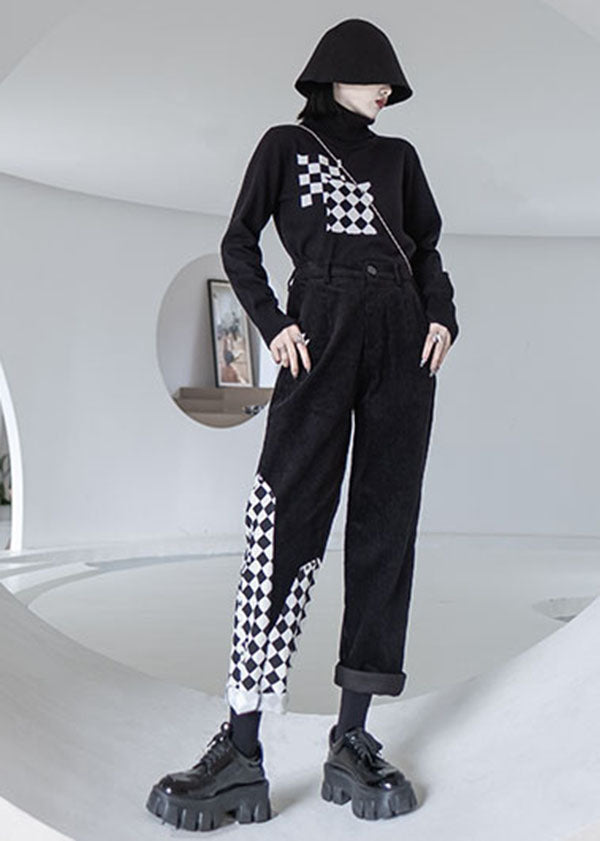 Women Black Patchwork High Waist Warm Fleece Corduroy Straight Pants Fall