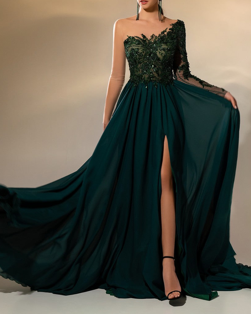 rhinestone one-shoulder chiffon dress