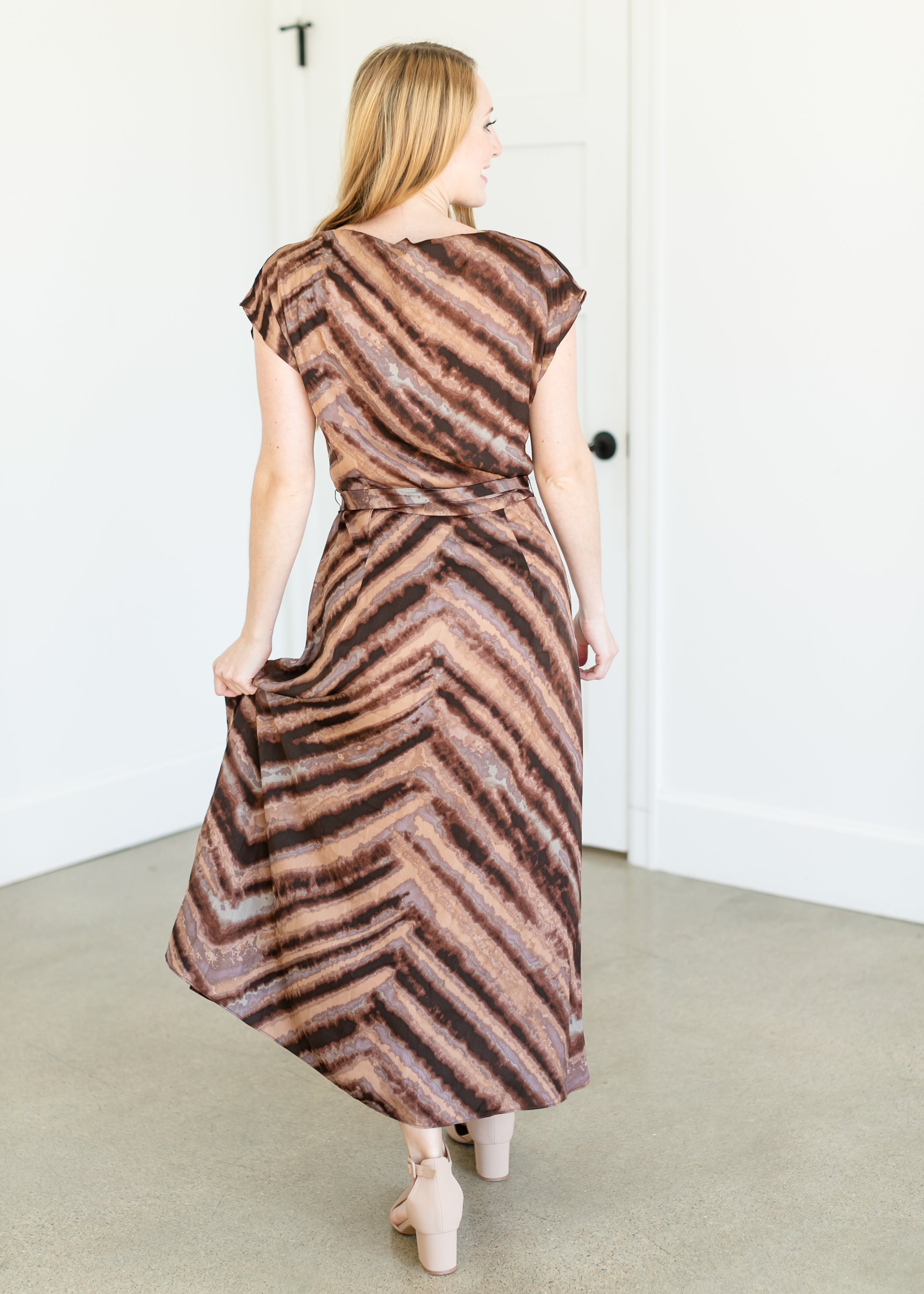 Draped Front Satin Print Midi Dress