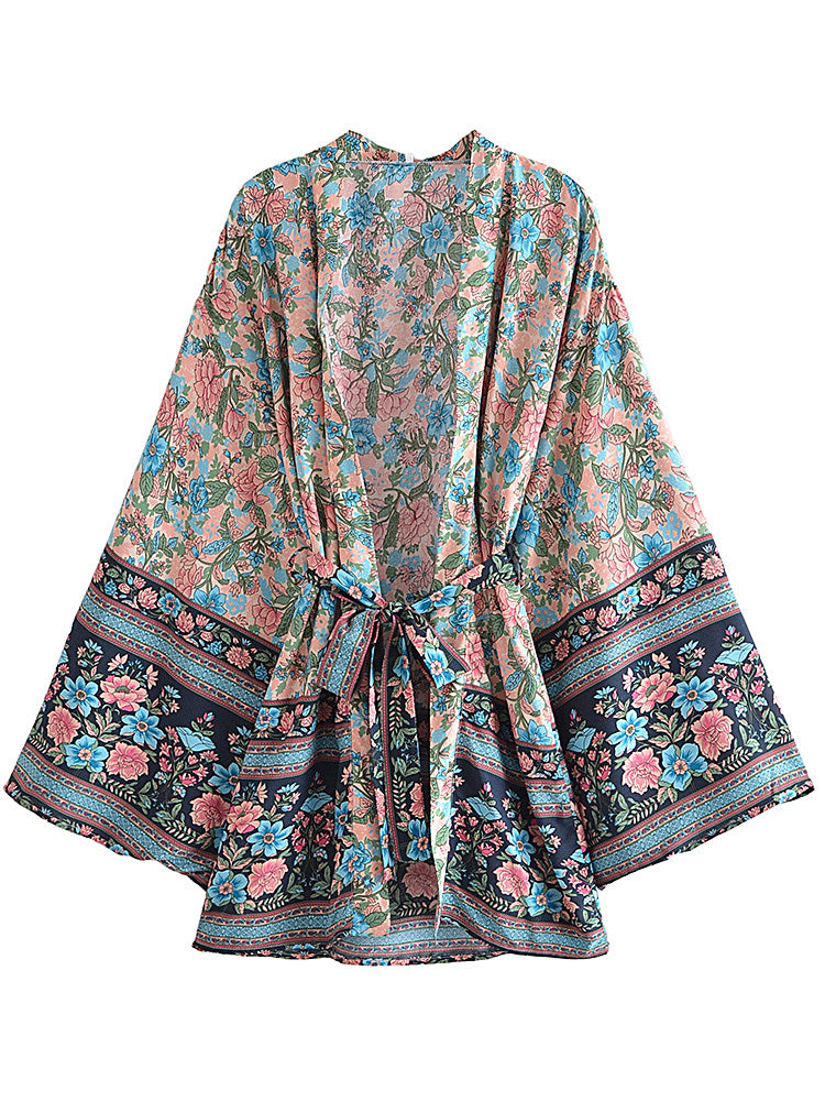 Sapphire Pink Boho Floral Print Short Robe
