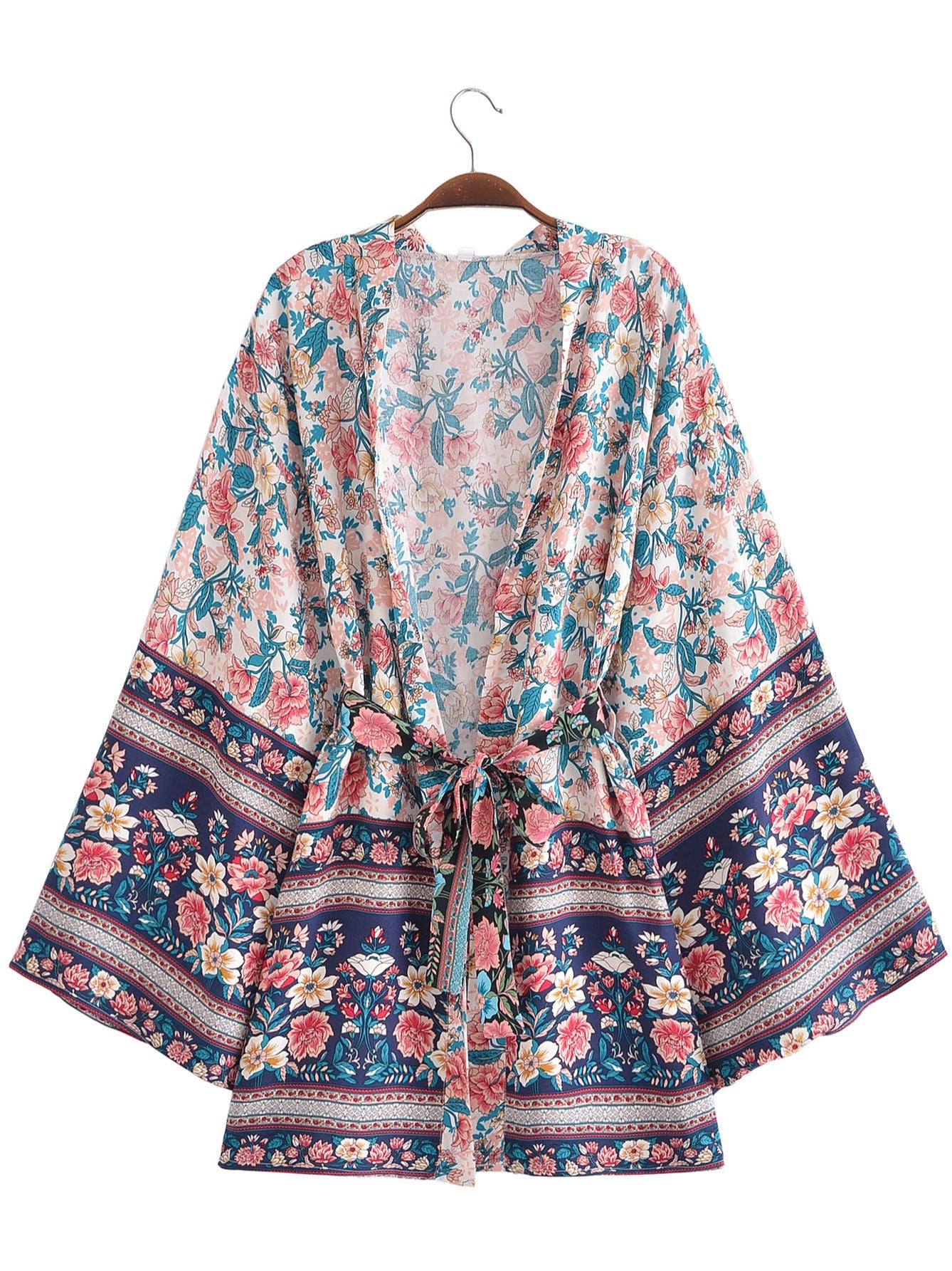 Ivory Sapphire Boho Floral Print Short Robe