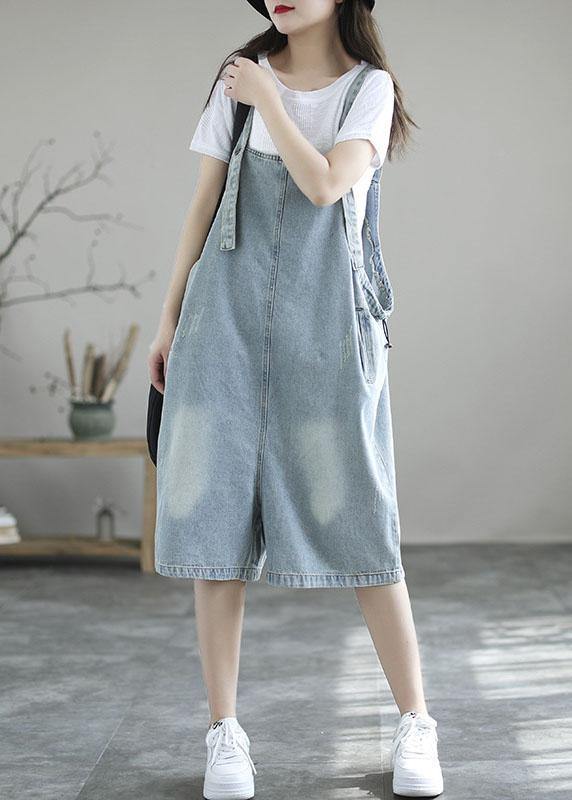 Light Blue Retro Loose Pockets Summer Denim Jumpsuit Shorts