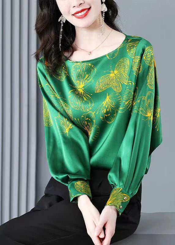 Plus Size Green O-Neck Butterfly Print Silk Blouse Tops Long Sleeve