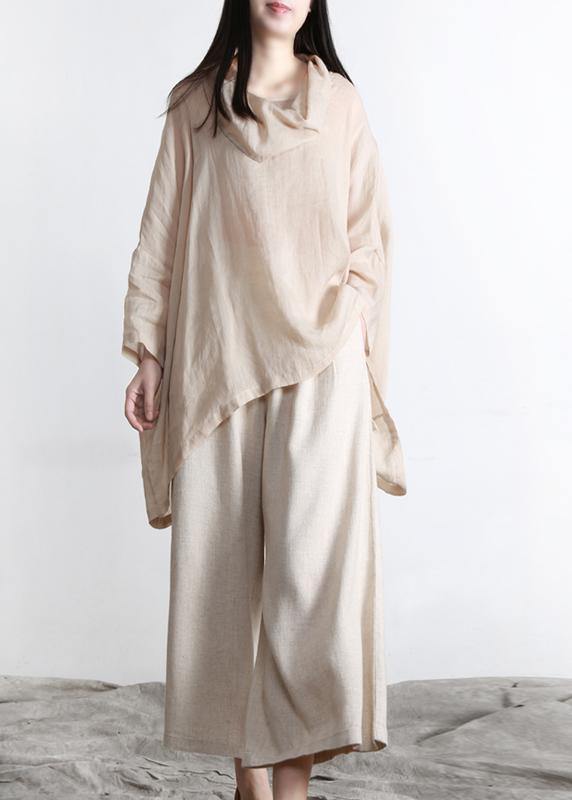 Beautiful Nude Turtle Neck Batwing Sleeve Two Piece Set Women Clothing Summer Linen