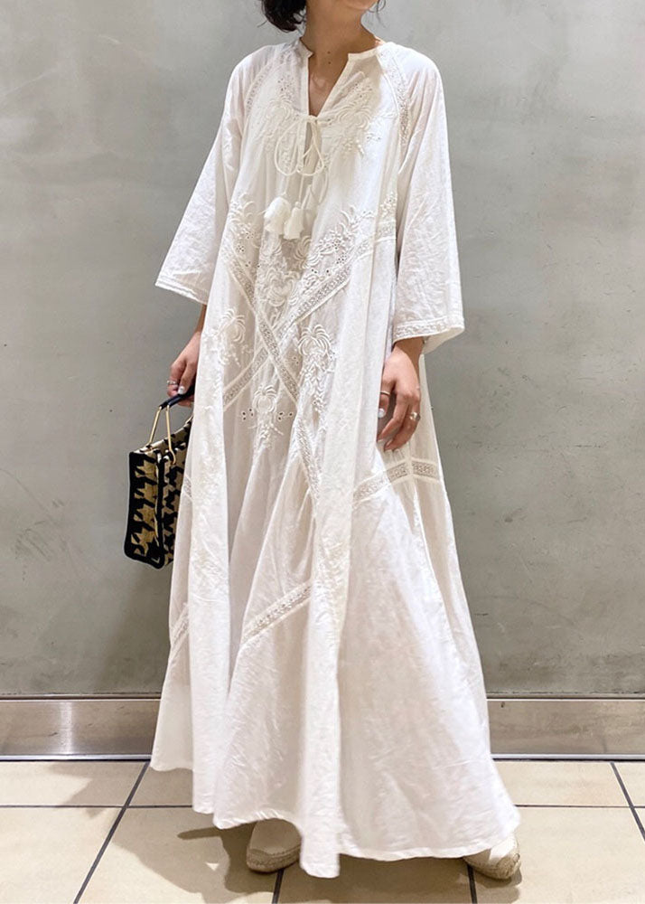 Simple White Embroideried Hollow Out Cotton Long Dresses Spring
