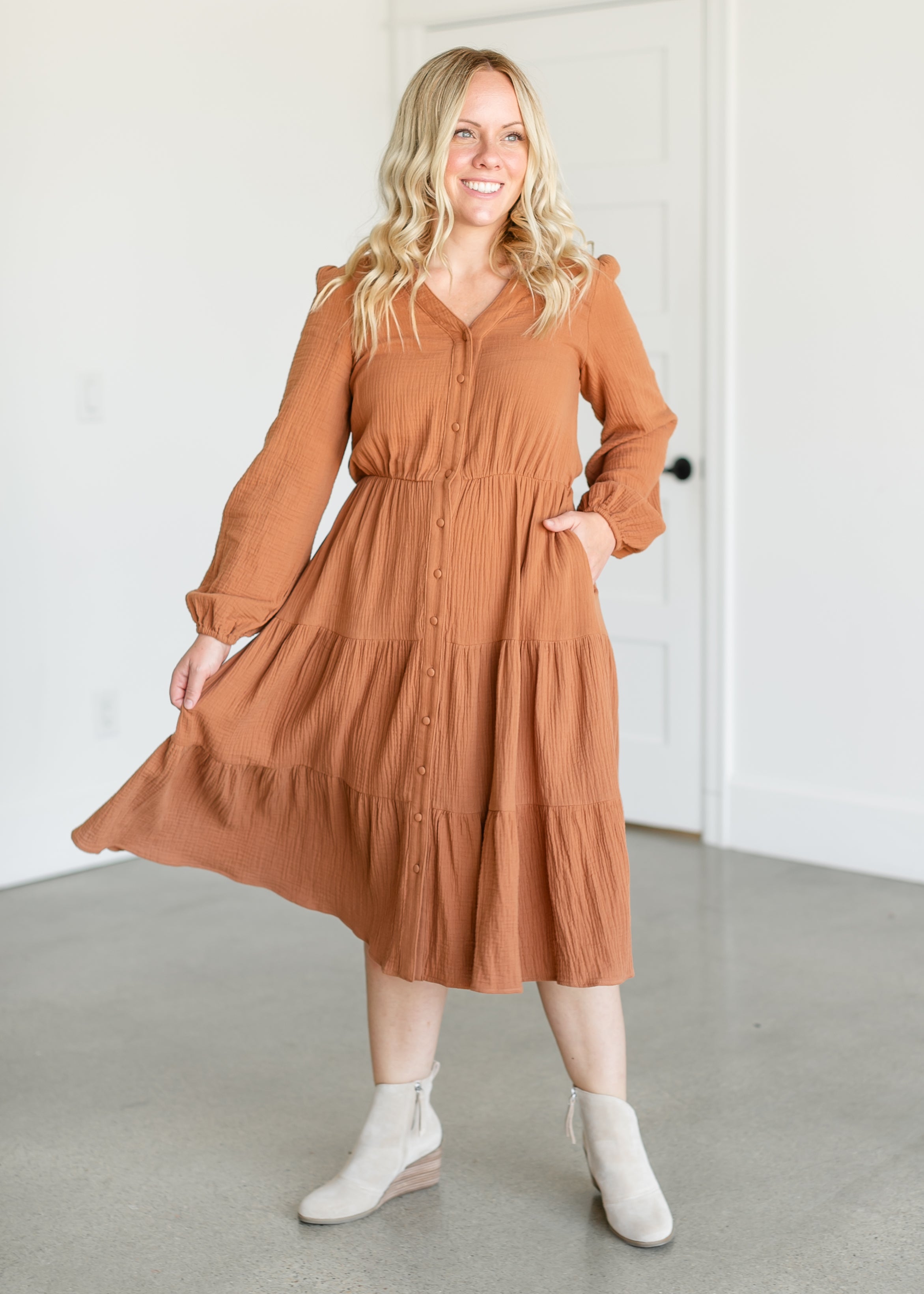 Button Up Long Sleeve Muslin Dress