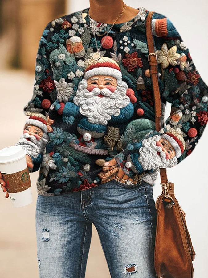 Women's Christmas Flower Santa Claus Print Casual Sweatshirt