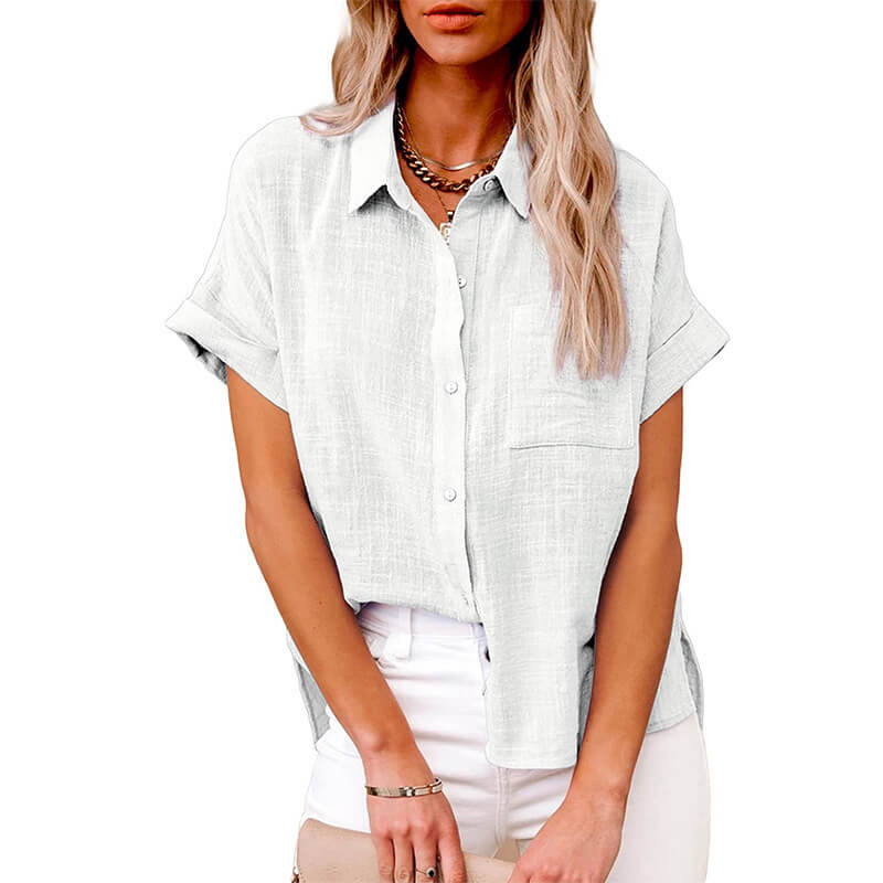 SOLID COLOR LINEN CASUAL LOOSE SHIRT SHORT SLEEVE-BUY 3 FREE SHIPPING