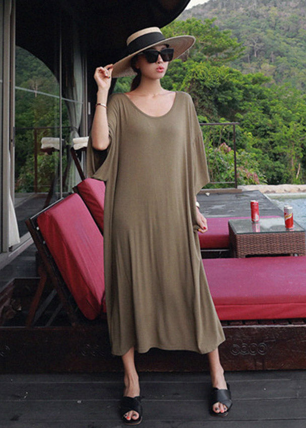 Loose Army Green O-Neck Cotton Dress Three Quarter Sleeve