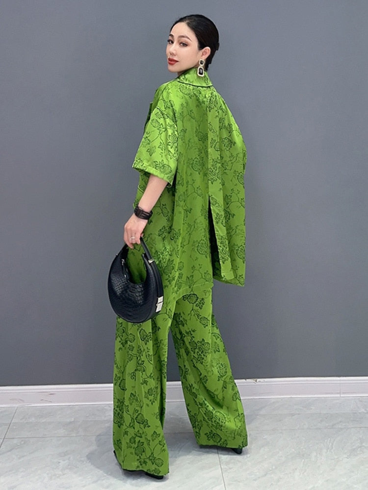 Green Chic Floral Print Top & Wide Leg Pants 2-Piece Set