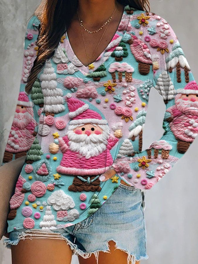 Women's Christmas Pink Santa V-Neck Top