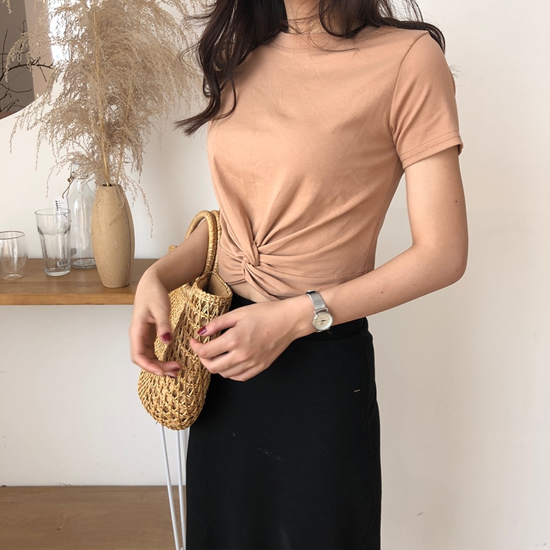 Short Sleeve Cotton Front Knot T-shirts Women Solid Casual Cropped Tshirt Girls Chic Crop Tops For Female Summer