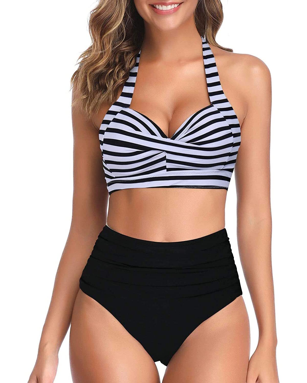 TYPE-03 Women Two Piece Vintage Swimsuit Retro Halter Ruched High Waist Bikini with Bottom